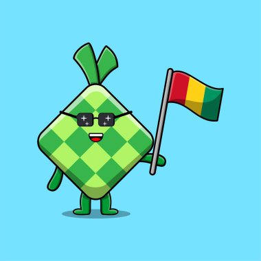 Modern tasarımda Gine bayrağı taşıyan sevimli Ketupat çizgi filmi maskot karakteri