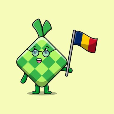 Modern tasarımda ülke bayrağı taşıyan sevimli çizgi film Ketupat maskotu karakteri 