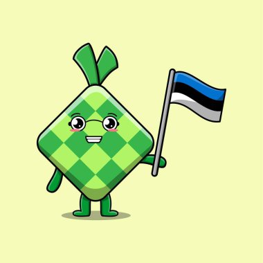 Modern tasarımda ülke bayrağı taşıyan sevimli çizgi film Ketupat maskotu karakteri 