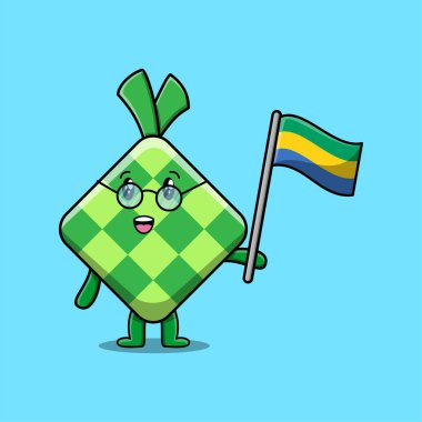 Modern tasarımda ülke bayrağı taşıyan sevimli çizgi film Ketupat maskotu karakteri 
