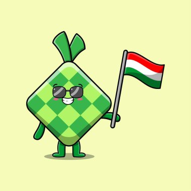 Modern tasarımda ülke bayrağı taşıyan sevimli çizgi film Ketupat maskotu karakteri 