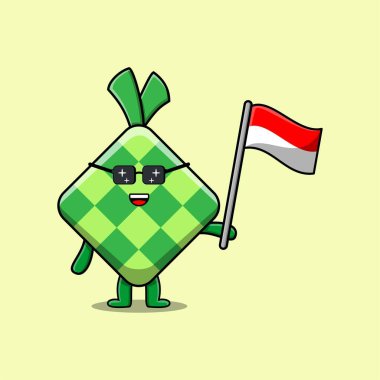 Modern tasarımda ülke bayrağı taşıyan sevimli çizgi film Ketupat maskotu karakteri 