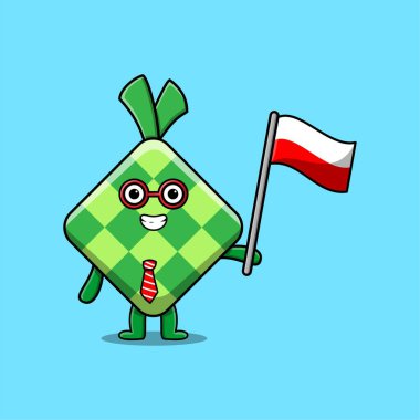 Modern tasarımda ülke bayrağı taşıyan sevimli çizgi film Ketupat maskotu karakteri 