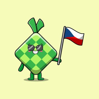 Modern tasarımda ülke bayrağı taşıyan sevimli çizgi film Ketupat maskotu karakteri 