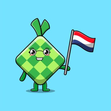 Modern tasarımda ülke bayrağı taşıyan sevimli çizgi film Ketupat maskotu karakteri 