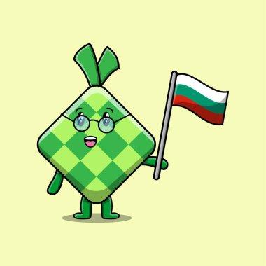Modern tasarımda ülke bayrağı taşıyan sevimli çizgi film Ketupat maskotu karakteri 