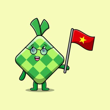Modern tasarımda ülke bayrağı taşıyan sevimli çizgi film Ketupat maskotu karakteri 