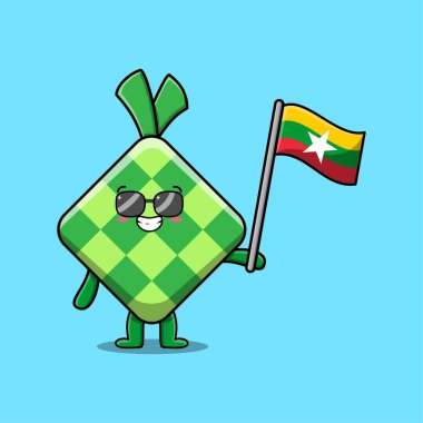 Modern tasarımda ülke bayrağı taşıyan sevimli çizgi film Ketupat maskotu karakteri 