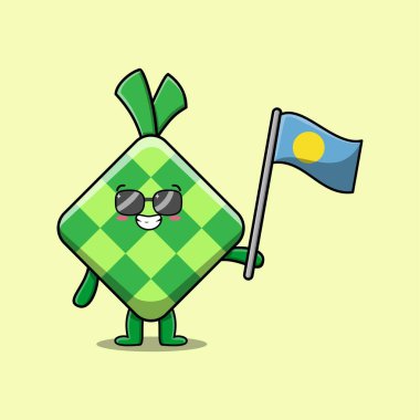 Modern tasarımda ülke bayrağı taşıyan sevimli çizgi film Ketupat maskotu karakteri 
