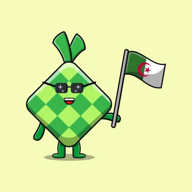 Modern tasarımda Cezayir Country bayrağı taşıyan sevimli Ketupat çizgi filmi maskot karakteri