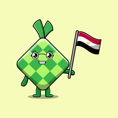 Modern tasarımda Mısır Bayrağı taşıyan sevimli Ketupat çizgi filmi maskot karakteri