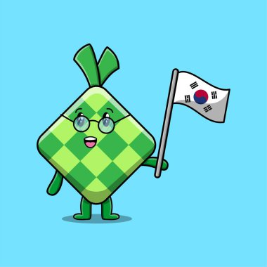 Modern tasarımda Güney Kore bayrağı taşıyan sevimli Ketupat çizgi filmi maskot karakteri.