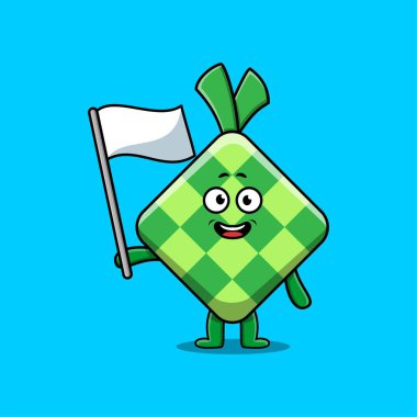 Modern tasarımda beyaz bayrağı olan sevimli çizgi film Ketupat maskotu karakteri