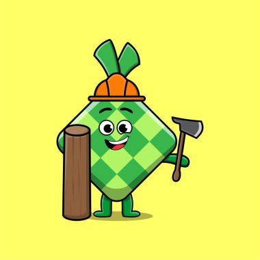 Marangoz karakteri olarak sevimli ketupat. Baltası ve tahtası 3 boyutlu modern stil tasarımı.