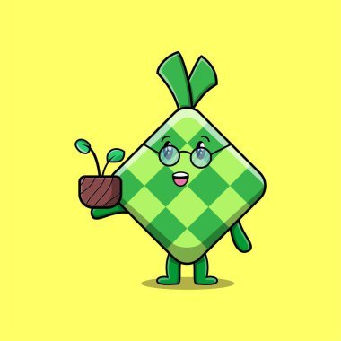 Şirin bir ketupat karikatürü saksıyı 3 boyutlu modern tarzda dizayn ediyor.