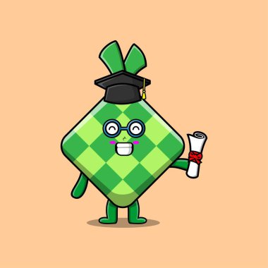 Mezuniyet gününde toga konsepti 3D karikatür tarzında sevimli ketupat öğrenci karakteri.