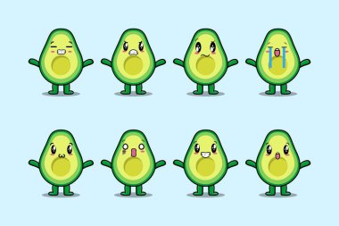 Çizgi film yüz vektör çizimlerinin farklı ifadelerine sahip kawaii avokado çizgi film karakterini ayarla