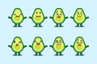 Çizgi film yüz vektör çizimlerinin farklı ifadelerine sahip kawaii avokado çizgi film karakterini ayarla