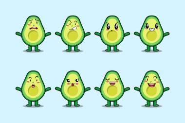 Çizgi film yüz vektör çizimlerinin farklı ifadelerine sahip kawaii avokado çizgi film karakterini ayarla