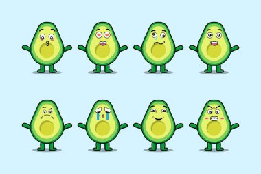Çizgi film yüz vektör çizimlerinin farklı ifadelerine sahip kawaii avokado çizgi film karakterini ayarla
