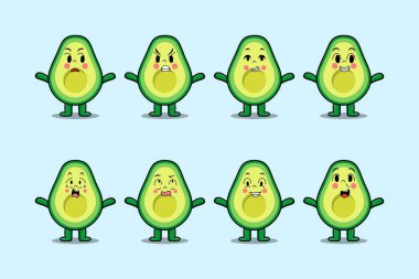 Çizgi film yüz vektör çizimlerinin farklı ifadelerine sahip kawaii avokado çizgi film karakterini ayarla