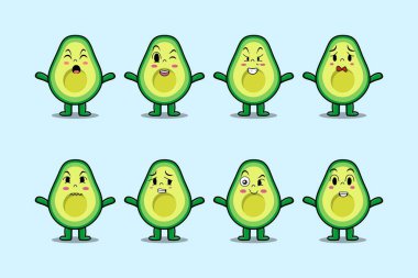 Çizgi film yüz vektör çizimlerinin farklı ifadelerine sahip kawaii avokado çizgi film karakterini ayarla