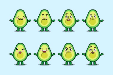 Çizgi film yüz vektör çizimlerinin farklı ifadelerine sahip kawaii avokado çizgi film karakterini ayarla