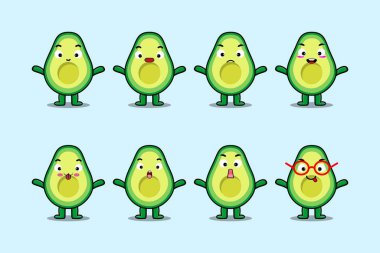 Çizgi film yüz vektör çizimlerinin farklı ifadelerine sahip kawaii avokado çizgi film karakterini ayarla