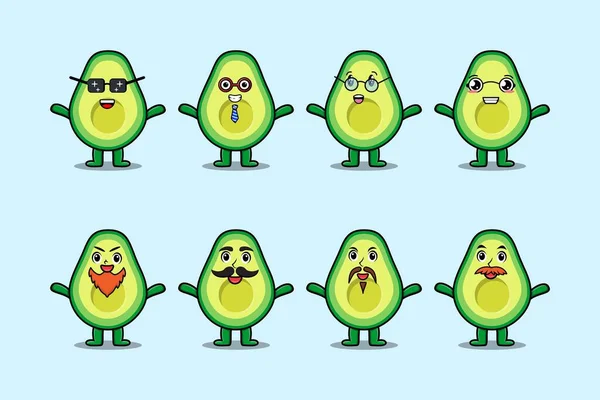 Stel Kawaii Avocado Cartoon Karakter Met Verschillende Uitdrukkingen Van Cartoon — Stockvector