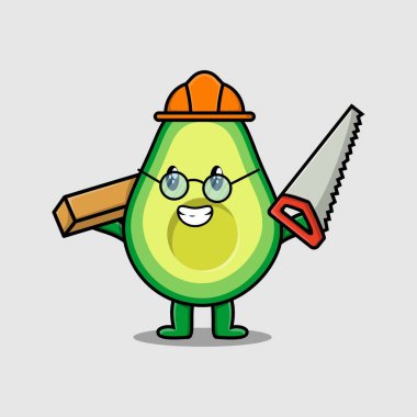 Cartoon avokado marangoz karakteri rolünde. Testere ve ahşap 3D modern stil tasarımı.
