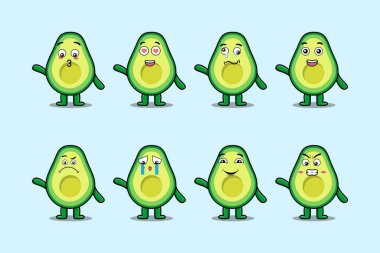 Çizgi film yüz vektör çizimlerinin farklı ifadelerine sahip kawaii avokado çizgi film karakterini ayarla