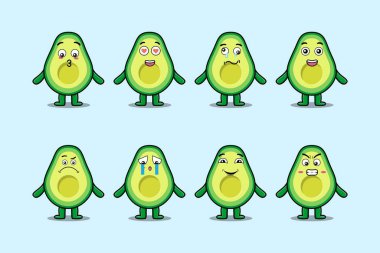 Çizgi film yüz vektör çizimlerinin farklı ifadelerine sahip kawaii avokado çizgi film karakterini ayarla