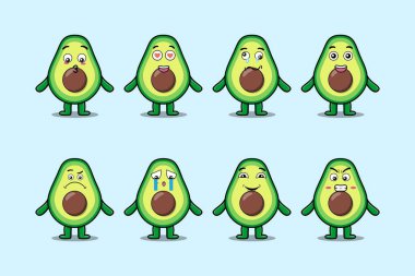 Çizgi film yüz vektör çizimlerinin farklı ifadelerine sahip kawaii avokado çizgi film karakterini ayarla