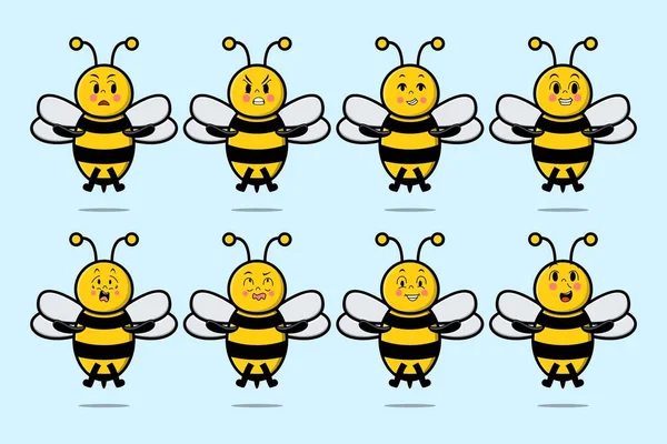 Set Kawaii Bee Cartoon Character Different Expressions Cartoon Face Vector — Stock Vector