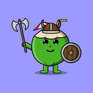 Sevimli çizgi film karakteri Genç Hindistancevizi Viking korsanı şapkalı ve elinde baltası ve kalkanı olan modern