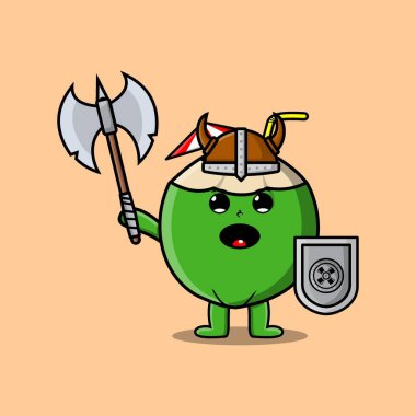 Sevimli çizgi film karakteri Genç Hindistancevizi Viking korsanı şapkalı ve elinde baltası ve kalkanı olan modern