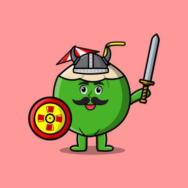 Sevimli çizgi film karakteri Genç Hindistancevizi Viking korsanı şapkası ve kılıcı ve kalkanı ile