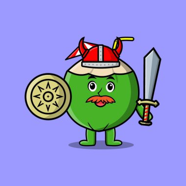 Sevimli çizgi film karakteri Genç Hindistancevizi Viking korsanı şapkası ve kılıcı ve kalkanı ile