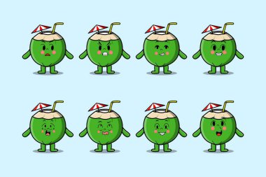 Çizgi film yüz vektör çizimlerinin farklı ifadelerine sahip kawaii hindistan cevizi çizgi film karakterini ayarla