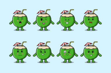 Çizgi film yüz vektör çizimlerinin farklı ifadelerine sahip kawaii hindistan cevizi çizgi film karakterini ayarla