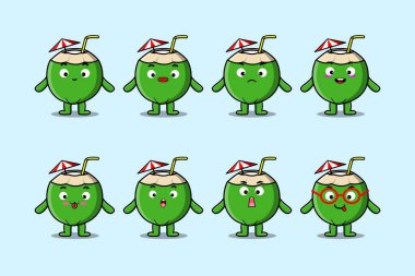 Çizgi film yüz vektör çizimlerinin farklı ifadelerine sahip kawaii hindistan cevizi çizgi film karakterini ayarla