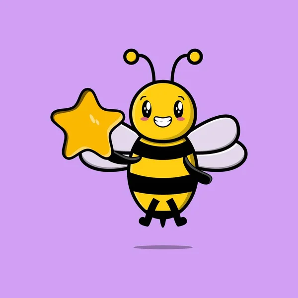 Lindo Personaje Abeja Dibujos Animados Que Sostiene Gran Estrella Dorada — Archivo Imágenes Vectoriales