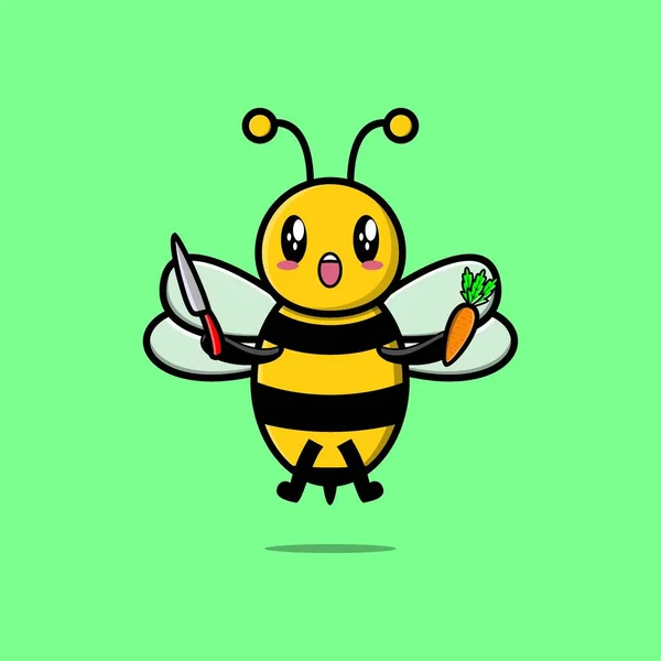 Cute Cartoon Bee Character Holding Knife Carrot Modern Style Design — Stock Vector