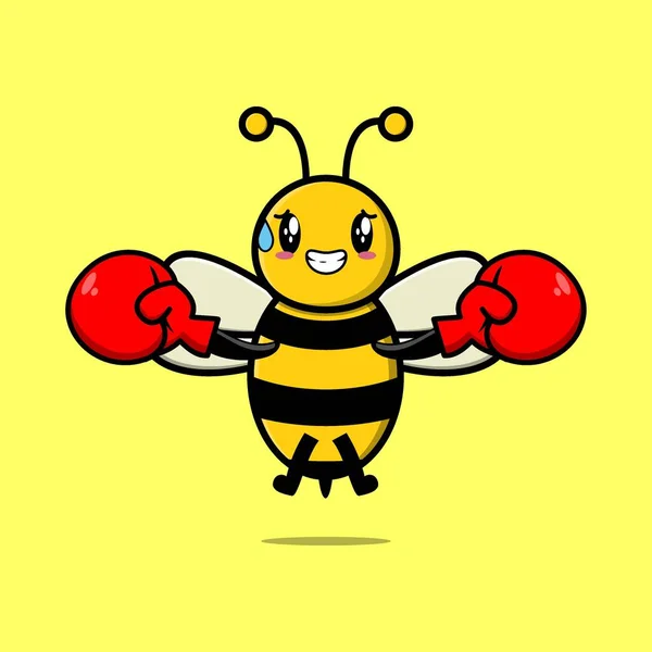 Mascotte Abeille Mignonne Dessin Animé Jouant Sport Avec Des Gants — Image vectorielle