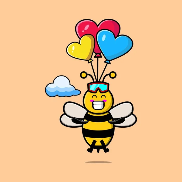 Netter Cartoon Biene Maskottchen Ist Fallschirmspringen Mit Luftballon Und Glückliche — Stockvektor