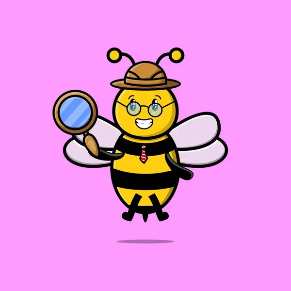 Personnage Dessin Animé Mignon Bee Détective Est Recherche Avec Loupe — Image vectorielle