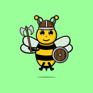 Tatlı çizgi film karakteri Bee Viking korsanı şapkalı ve elinde baltayla modern tasarım kalkanı var.