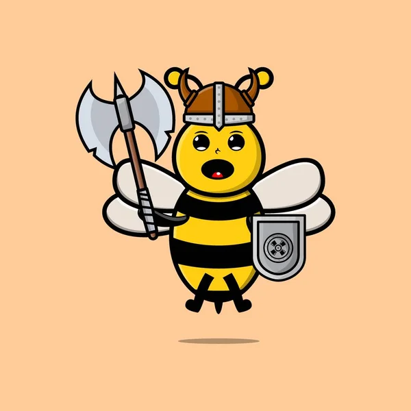 Cute Cartoon Character Bee Viking Pirate Hat Holding Shield Modern — Stock Vector