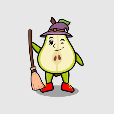 Tatlı çizgi film cadısı şapkası ve süpürgesi olan armut şekilli meyve karakteri.