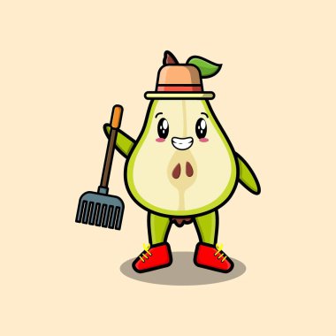 Tatlı çizgi film Tarım işçisi armut meyvesi yaba vektör resmi şirin modern tarz tasarımı